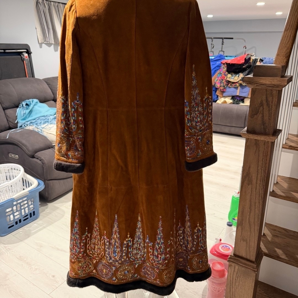 Embroidered Suede Coat in Brown With Tags